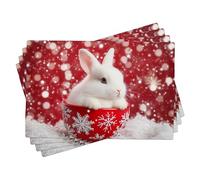 Lot de 4 sets de table en forme de lapin pour les vacances d'hiver - Antidérapants et lavables - Décoration intérieure et extérieure - Rouge - 45,7 x 30,5 cm