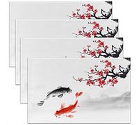 Lot de 4 sets de table en forme de poisson rouge avec fleurs sauvages pour enfants, adolescents, adultes, style peinture à l'encre orientale, 30,5 x 45,7 cm