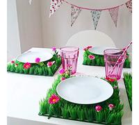 Lot de 4 sets de table en herbe artificielle avec fleurs - Parfait pour les accessoires de fête Alice au pays des merveilles - Décoration de fête et décoration de jardin
