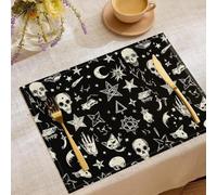 Lot de 4 Sets de Table en Lin Lavable Mystérieux Gothique | Durables Lavables en Machine Crâne Pentagramme Chat Noir pour Protection Et Décoration de Table, Salle à Manger Cuisine