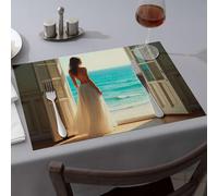 Lot de 4 sets de table en silicone pour comptoir de cuisine et salle à manger avec inscription « A Woman in A White Dress Standing by an Open Door »
