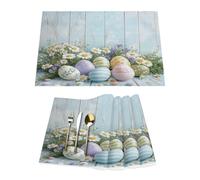 Lot de 4 sets de table en vinyle avec œufs de Pâques et fleurs de printemps - Pour tables de salle à manger, cuisine, résistants à la chaleur, lavables et lavables