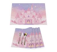 Lot de 4 sets de table en vinyle motif château de princesse sur fond rose pour tables de salle à manger, sets de table de cuisine, résistants à la chaleur, lavables et lavables en PVC