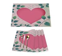 Lot de 4 sets de table en vinyle motif cœur rose et feuilles vertes pour tables de salle à manger, sets de table de cuisine, résistants à la chaleur, lavables et lavables en PVC
