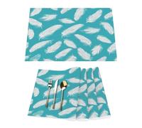 Lot de 4 sets de table en vinyle motif plume sur turquoise pour tables de salle à manger, sets de table de cuisine, résistants à la chaleur, lavables et lavables en PVC