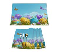 Lot de 4 sets de table en vinyle motif œufs de Pâques sur prairie pour tables de salle à manger, sets de table de cuisine, résistants à la chaleur, lavables et lavables en PVC