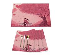 Lot de 4 sets de table en vinyle pour table de salle à manger, cuisine, résistants à la chaleur, lavables et lavables pour la Saint-Valentin, motif arbre d'amour romantique