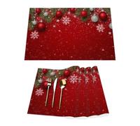 Lot de 4 sets de table en vinyle rouge avec boules de Noël, branches de pin, flocons de neige sur table de salle à manger, sets de table de cuisine, résistants à la chaleur, lavables et lavables
