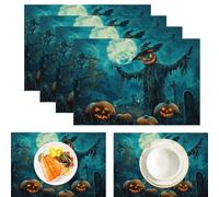 Lot de 4 Sets De Table Épouvantail À Tête De Citrouille Pierre Tombale | Dessous Table Antidérapants en Coton Et Lin Halloween Effrayant Dessous Assiette pour Cuisine Et Salle à Manger Décor 45x30cm