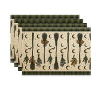 Lot de 4 sets de table fantaisie sorcière céleste balai sorcière Halloween | Motifs croissant de lune, sets de table, herbes suspendues, bordures à carreaux vert foncé, esthétique de récolte d'automne
