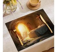 Lot de 4 Sets de Table Grottes Lits De Pierre, Art Sacré Religieux Coton et Lin Lavables Antidérapants Or Set de Table, décoration pour Cuisine Salle à Manger Vacances fête 45x30cm