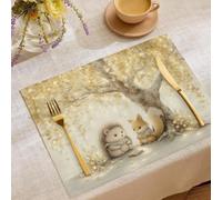 Lot de 4 Sets de Table Hérissons Écureuils sous l'arbre en Coton Lin, Lavables Antidérapants, Résistants à la Chaleur Anti-Taches, Campagne d'automne Décoratif pour Cuisine, Salle à Manger