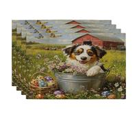 Lot de 4 sets de table imprimés pour le printemps, Pâques, motif chien Bretagne, 30,5 x 45,7 cm, motif chiot de grange de ferme, décoration de cuisine