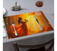 Lot de 4 sets de table jaunes avec inscription « A Woman Plays The Flute In An Autumn Forest » - Décoration d'intérieur rustique en silicone pour comptoir de cuisine