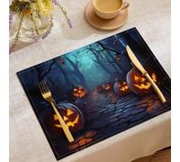 Lot de 4 Sets De Table Lanternes Citrouilles Sentiers Forestiers | Dessous Table Antidérapants Halloween Sombre 45x30cm Résistant à La Chaleur, Lavables, Décoration De Tables pour Cuisine, Bleu Nuit