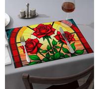 Lot de 4 sets de table lavables avec trois roses rouges en vitrail - Décoration moderne de ferme