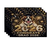 Lot de 4 sets de table lavables en forme de chien avec inscription « Congrats Grad St. Bernard » - 30,5 x 45,7 cm - Motif feu d'artifice - Pour la maison, la salle à manger, la remise de diplôme, les