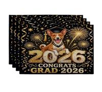 Lot de 4 sets de table lavables en forme de chien Basenji Congrats Grad Basenji - 30,5 x 45,7 cm - Motif feux d'artifice - Pour la maison, la salle à manger, la remise de diplôme, les vacances, la