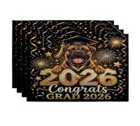 Lot de 4 sets de table lavables en forme de chien « Congrats Grad Bullmastiffs » - 30,5 x 45,7 cm - Motif feu d'artifice - Pour la maison, la salle à manger, la remise de diplôme, les vacances, la