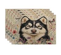 Lot de 4 sets de table lavables en forme de chien malamutes de l'Alaska, 30,5 x 45,7 cm, motif floral vintage pour salle à manger, fête d'animaux domestiques, décoration de cuisine