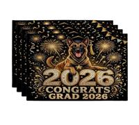 Lot de 4 sets de table lavables en forme de chien malinois belge (Congrats Grad Malinois belge) - 30,5 x 45,7 cm - Motif feu d'artifice - Pour la maison, la salle à manger, la remise de diplôme, les