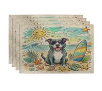Lot de 4 sets de table lavables en forme de chien pitbull mignon - 30,5 x 45,7 cm - Motif coquillage de plage côtière - Pour la maison, le dîner, les vacances d'animaux domestiques, la cuisine