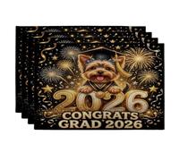 Lot de 4 sets de table lavables en forme de chien Yorkies Congrats Grad Yorkies, 30,5 x 45,7 cm, feux d'artifice pour la maison, la salle à manger, la remise de diplôme, les vacances, la cuisine