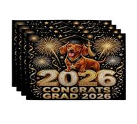 Lot de 4 sets de table lavables en forme de teckel Congrats Grad - 30,5 x 45,7 cm - Motif feu d'artifice - Pour salle à manger, remise de diplôme, fête de fin d'année, décoration de cuisine