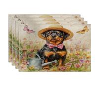 Lot de 4 sets de table lavables motif chien Spring Rottweilers - 30,5 x 45,7 cm - Motif imprimé amusant - Motif arrosoir - Pour salle à manger, vacances d'animaux domestiques, décoration de cuisine