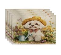 Lot de 4 sets de table motif chien maltais printanier, 30,5 x 45,7 cm, arrosoir amusant, pour dîner à la maison, fête des animaux de compagnie, décoration de cuisine
