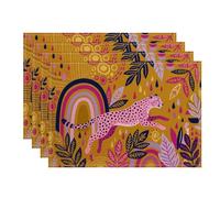 Lot de 4 sets de table motif léopard arc-en-ciel - Motif feuilles bohémiennes - Pour table de salle à manger, décoration vive - Antidérapants - Lavables - Pour intérieur et extérieur