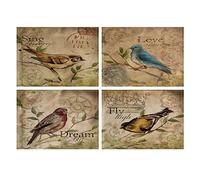 Lot de 4 sets de table motif oiseau de style vintage avec mots inspirants, chanter, amour, rêve, mouche, imperméables, résistants à la chaleur, lavables et antidérapants pour salle à manger, cuisine,