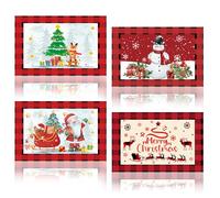 Lot de 4 Sets de Table Noël - Père Noël, Bonhomme de Neige, Élan, Sapin - Décoration Hiver Luvable pour Table, Christmas, Vacances, Cuisine, Fêtes - 12x18In