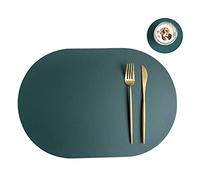 Lot de 4 sets de table ovales - En cuir synthétique - Bicolore - Imperméables - Avec dessous de verre - Pour la maison, la cuisine, le restaurant - Vert/beige