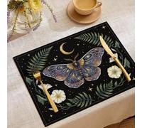 Lot de 4 Sets de Table Papillon De Nuit Lunaire Lune Étoilée, Dessous Table Antidérapants en Lin Mystère Moderne,pour Cuisine et SalleDécor