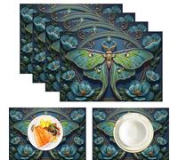 Lot de 4 Sets de Table, Papillons De Nuit Fleurs, Décoration de Table en Tissu Lavable pour Salle à Manger et Cuisine, Mystère Nature Impression, Bleu-Vert (45 cm x 30 cm)