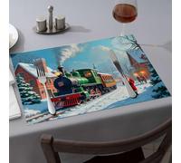 Lot de 4 sets de table pour décoration de fête occidentale avec un village enneigé avec un train vert et un Père Noël, sets de table jaunes pour cuisine et salle à manger