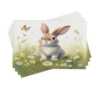 Lot de 4 sets de table rectangulaires de Pâques, motif pâquerette, papillon, herbe, lapin, bleu sarcelle et blanc, résistants aux taches, faciles à nettoyer, pour camping, maison, fête, 30,5 x 45,7 cm