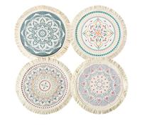 Lot de 4 Sets de Table Ronds en Coton tissé de Style bohème pour Plats Chauds et Boissons Chaudes, 36 cm, lavables, Motif Mandala, Pompons, pour Table de Salle à Manger, décoration d'intérieur
