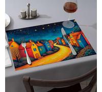 Lot de 4 sets de table rustiques avec village coloré sous un ciel étoilé - Décoration de fête occidentale