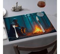 Lot de 4 sets de table rustiques en forme de chevalier assis près d'un feu de camp dans une forêt - Décorations de fête occidentales de qualité supérieure