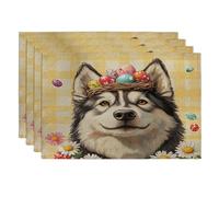 Lot de 4 sets de table saisonniers en forme de chien malamutes de l'Alaska, 30,5 x 45,7 cm, motif œufs et marguerites pour la maison, les fêtes d'animaux domestiques, décoration de cuisine