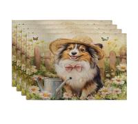 Lot de 4 sets de table saisonniers motif chien berger des Shetland printaniers, 30,5 x 45,7 cm, arrosoir amusant pour la maison, les vacances, la cuisine