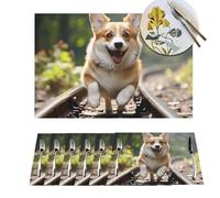 Lot de 4 sets de table tissés pour cuisine, motif chien Corgi qui court sur le chemin de fer, résistant à la chaleur et lavable, en PVC, sets de table de salle à manger, table de vacances, fête