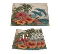 Lot de 4 sets de table vintage en vinyle avec fleurs tropicales, palmiers, océans, dauphins sur table de salle à manger, cuisine, résistants à la chaleur, lavables et lavables