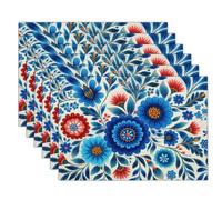 Lot de 4 Sets de Table Vintage Floral, Art Populaire Broderie, Lavable, Sets de Table en Lin imprimé, Résistantes à la Chaleur Antidérapant, pour Fête, Cuisine, 45x30 cm, Bleu Rouge