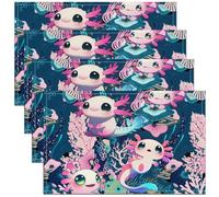 Lot De 4 Sets De Tables Axolotl Mignon Roses Bleu Animaux sous-Marin Corail Algues Pla Océan Résistant À La Chaleur Dessous De Tables Faciles À Nettoyer Set De Table pour Hôtels 30X45cm