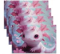 Lot De 4 Sets De Tables Axolotl Roses Cerisier en Fleurs Salamandre Kawaii Animal Mignon Lavables Napperons De Cuisine Faciles À Nettoyer Set De Table pour Cuisine Table À Manger 30X45cm