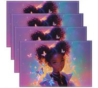 Lot De 4 Sets De Tables Fille Cool Néon Papillon Afro-Américain Coloré Ombré Antidérapant Napperons De Cuisine Faciles À Nettoyer Napperons pour Cuisine Salle À Manger 30X45cm
