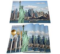Lot De 4 Sets De Tables Statue De La Liberté dans Le Port De New York Ville Urbaine Impression Faciles À Nettoyer Napperons De Cuisine Antidérapant Set De Table pour Restaurant 30X45cm